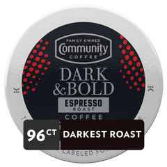 Community Coffee Dark and Bold espresso pods closeup, Keurig compatibility for fast, convenient brews.