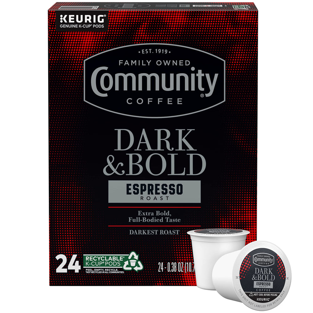 Community Coffee Dark and Bold Espresso Roast pods for quick Keurig brewing.