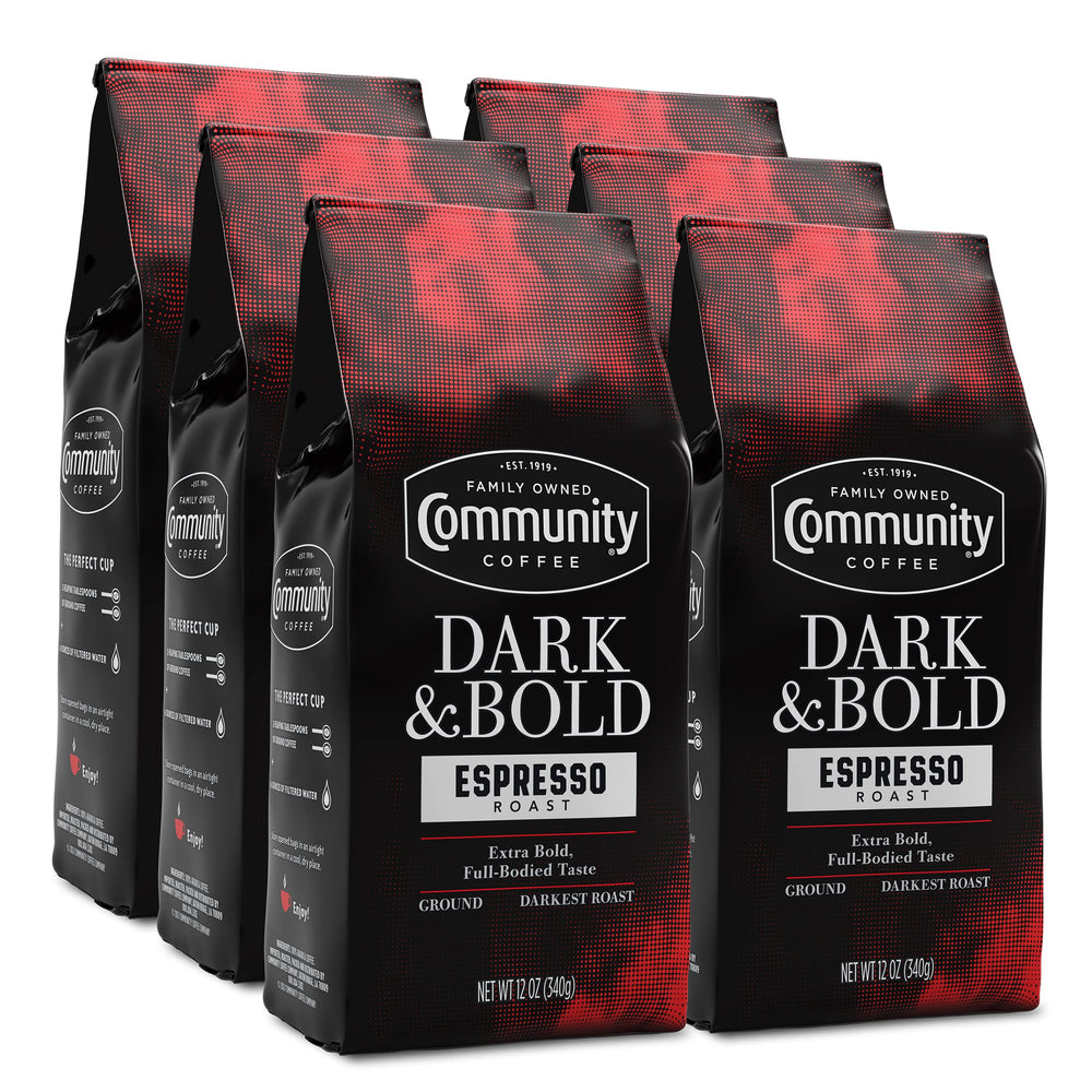 Community Coffee Dark and Bold Espresso Roast pack of six 12 oz bags for versatile brewing.