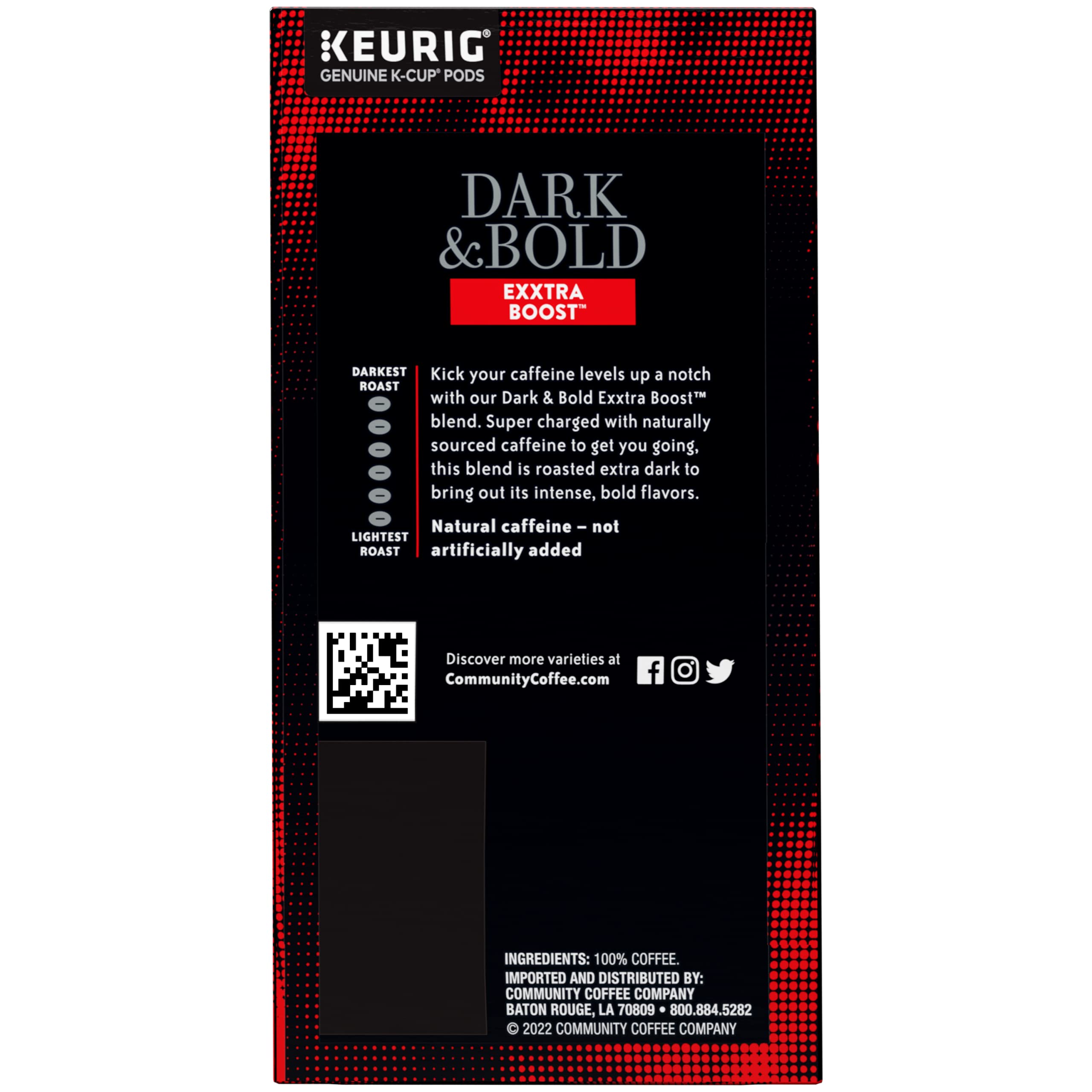 Community Coffee Dark & Bold Exxtra Boost Keurig-2.0 compatibility shown for quick brewing.