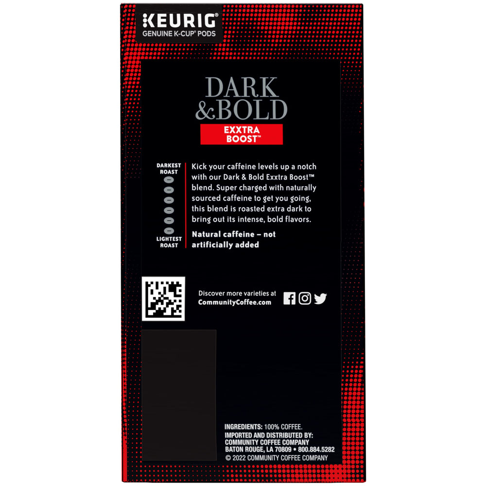 Community Coffee Dark & Bold Exxtra Boost Keurig-2.0 compatibility shown for quick brewing.
