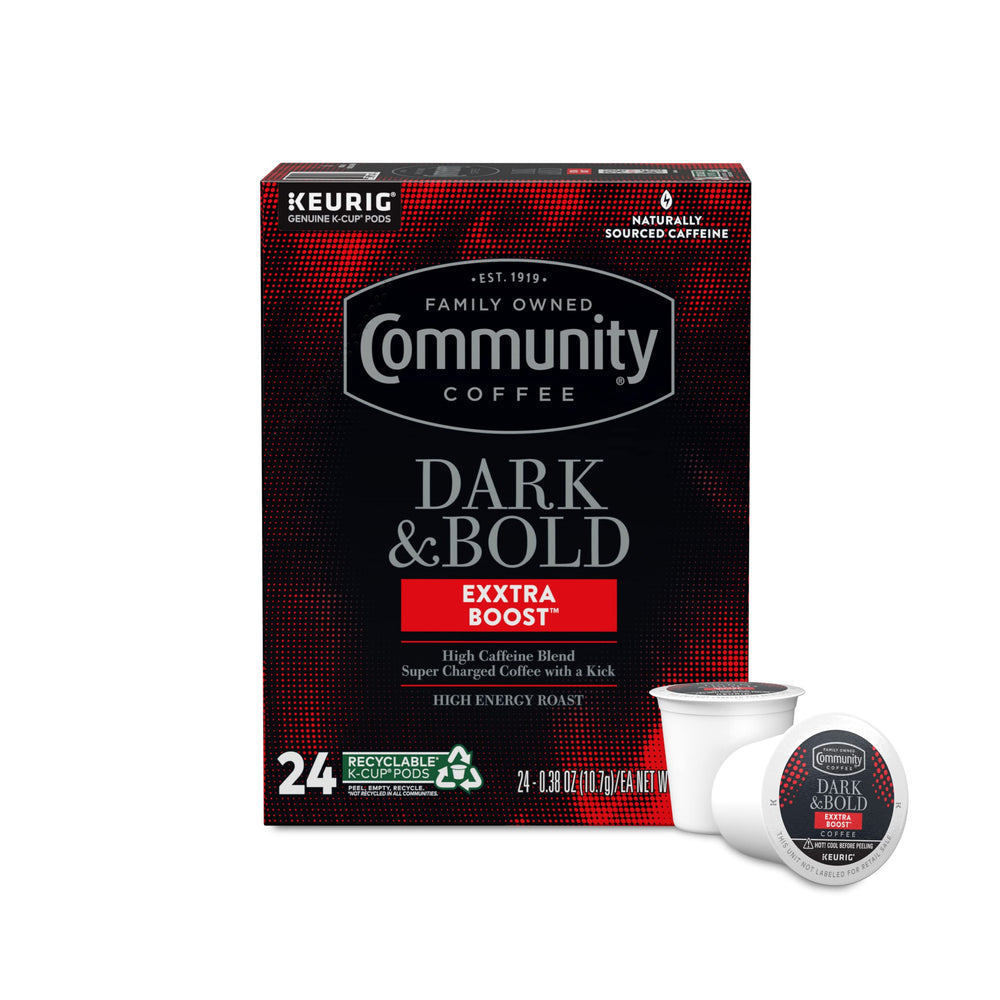 Community Coffee Dark & Bold Exxtra Boost pods pack for quick, single-serve brewing.