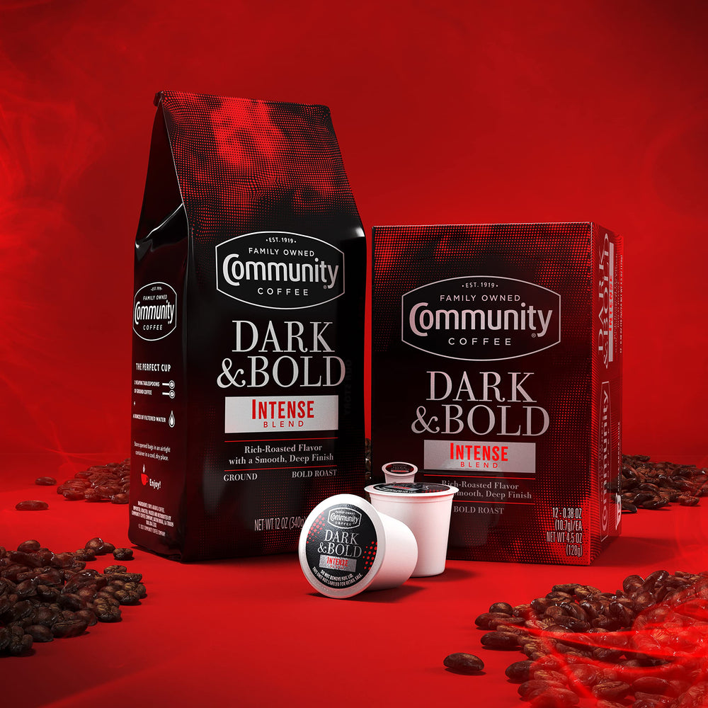 Community Coffee Dark & Bold Intense Blend packaging includes 12oz bags for convenient brewing.
