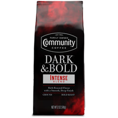 Community Coffee Dark & Bold Intense Blend bag shows bold roast aroma for mornings