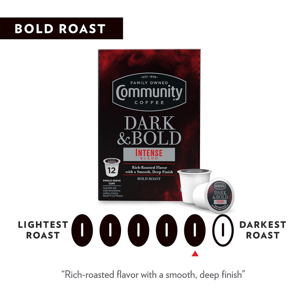 Close-up of a brewed Community Coffee Dark & Bold Intense Blend cup