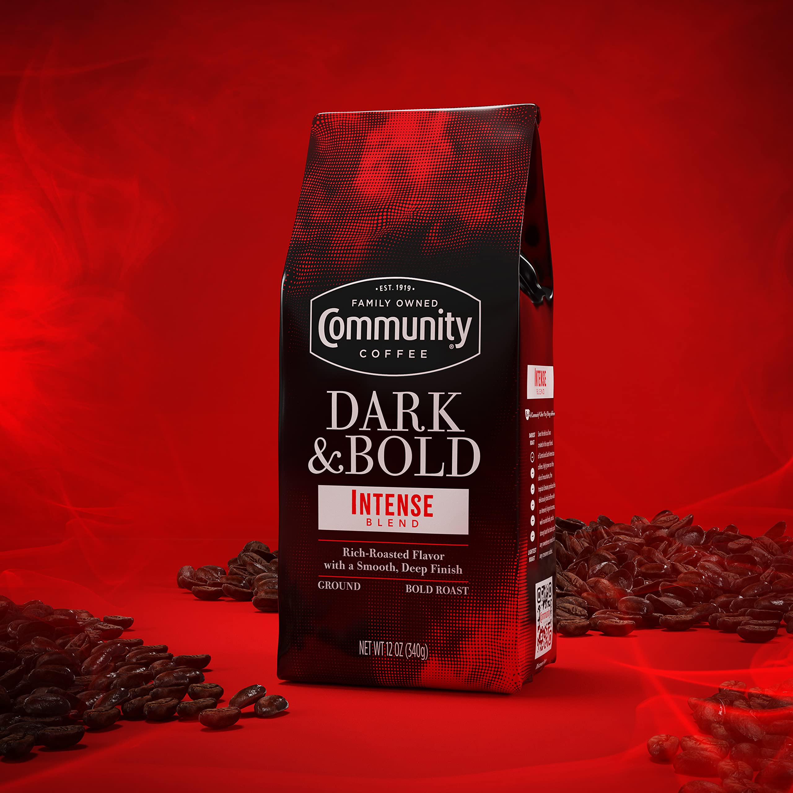 Community Coffee Dark & Bold Intense Blend Ground Coffee enables drip or French press.