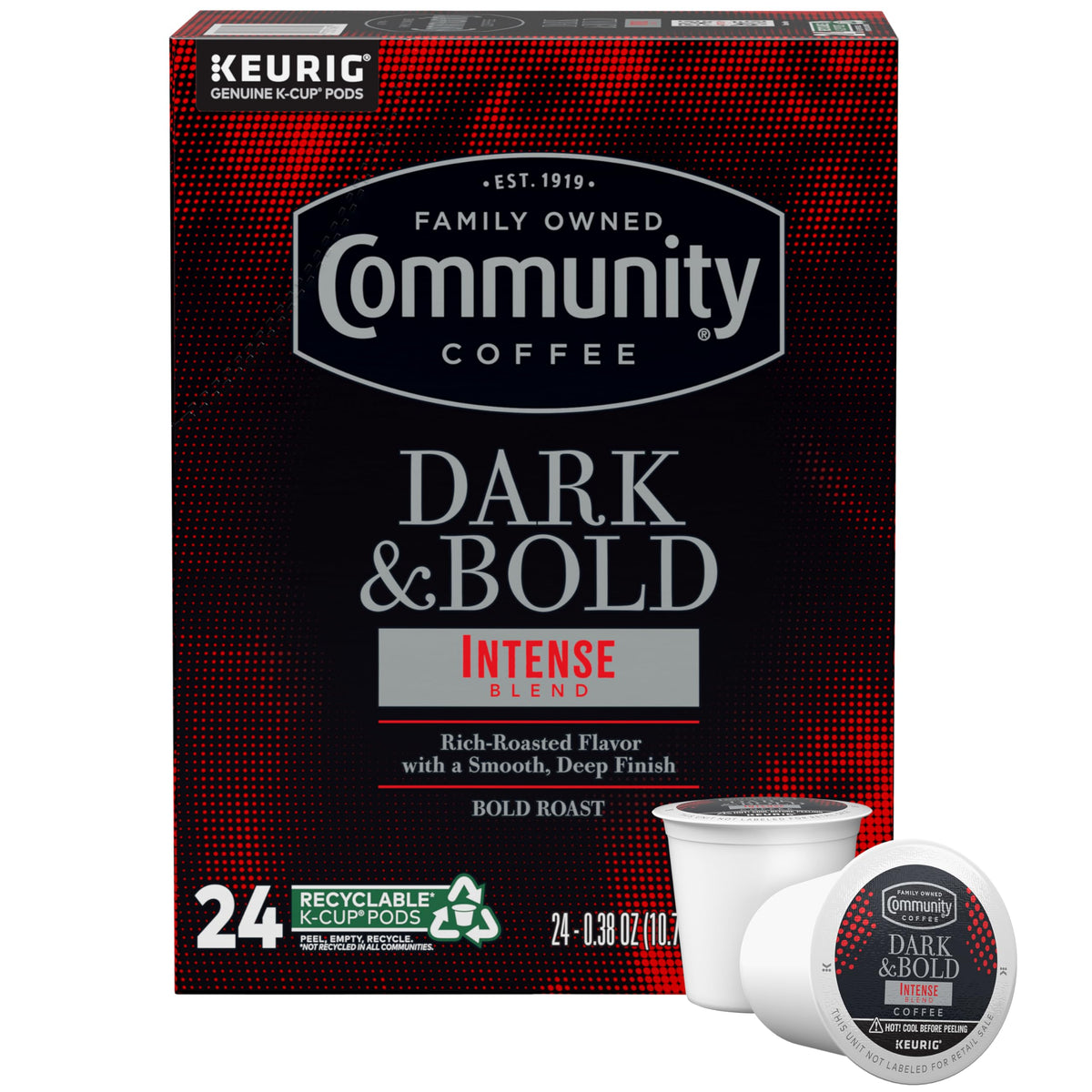 Community Coffee Dark & Bold Intense Blend pod for a bold morning