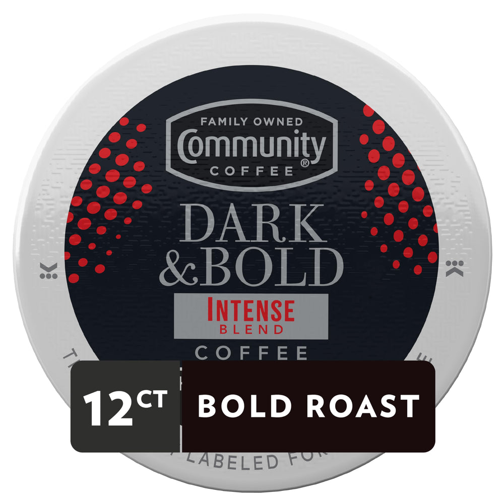 Community Coffee dark bold intense blend pods for fast brews.
