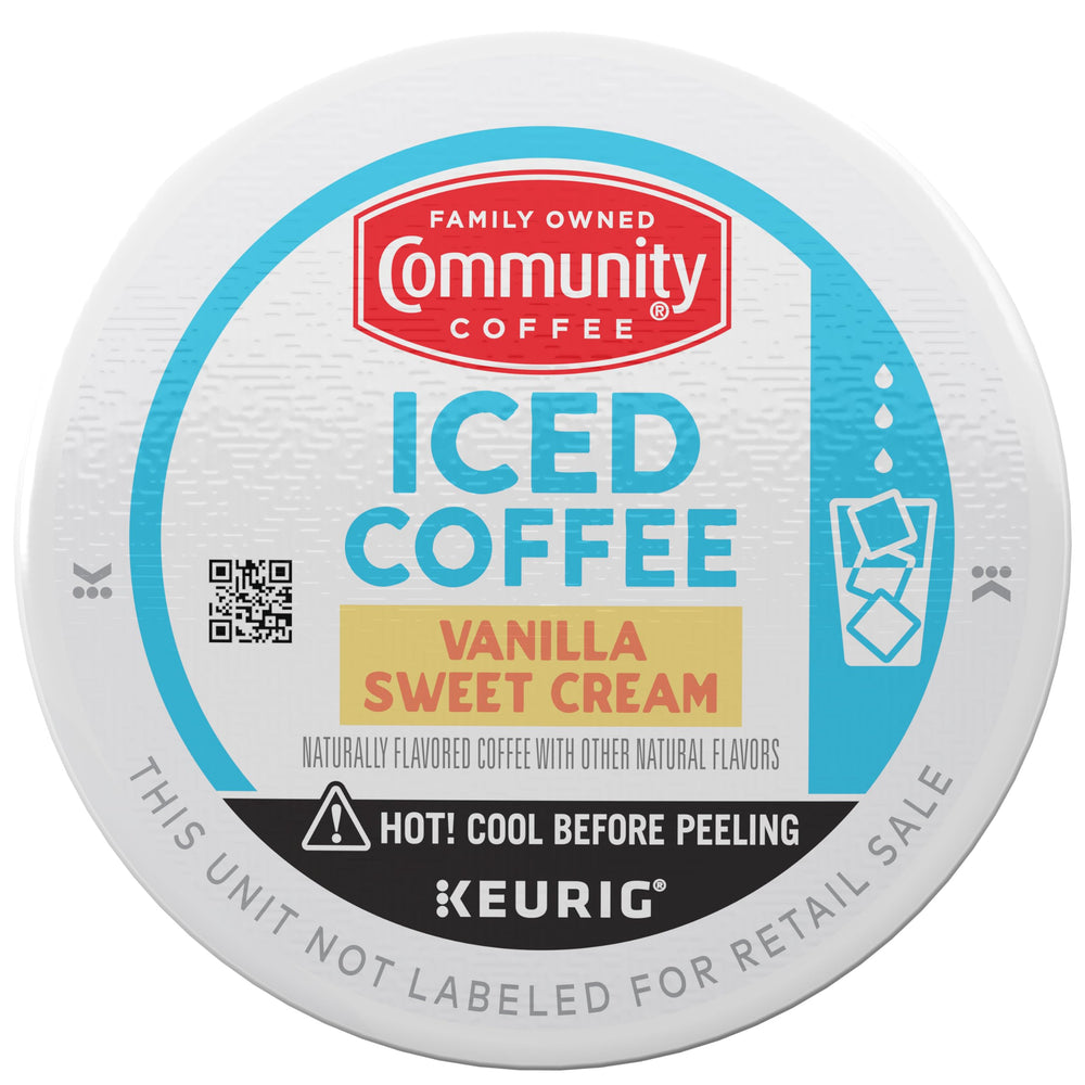 Dark roast Community Coffee iced pods brewed over ice for a bold, refreshing sip.