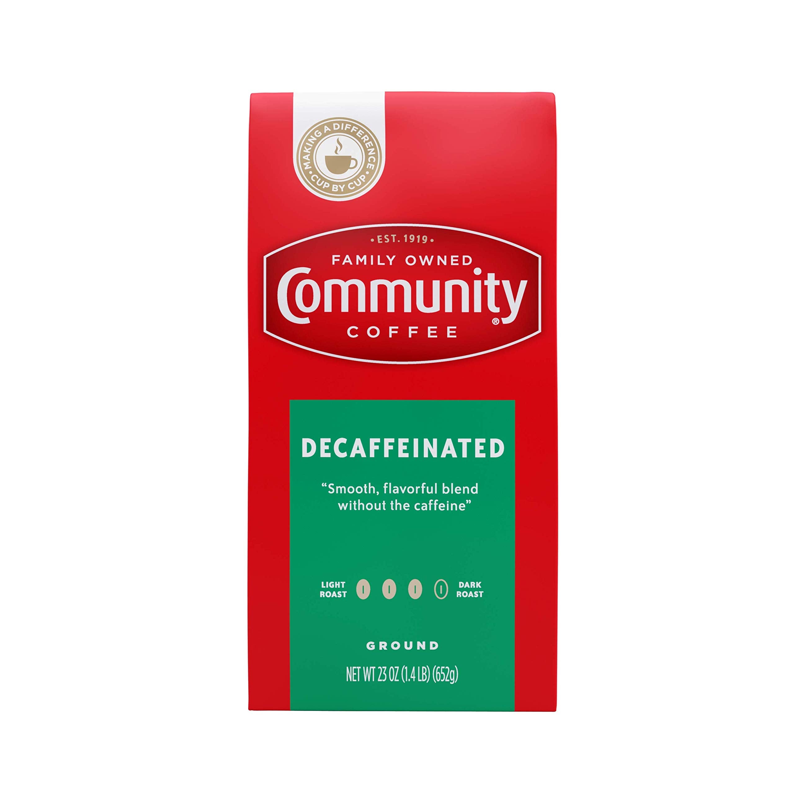 Community Coffee decaffeinated medium-dark roast ground coffee 23 oz bag for rich drip coffee