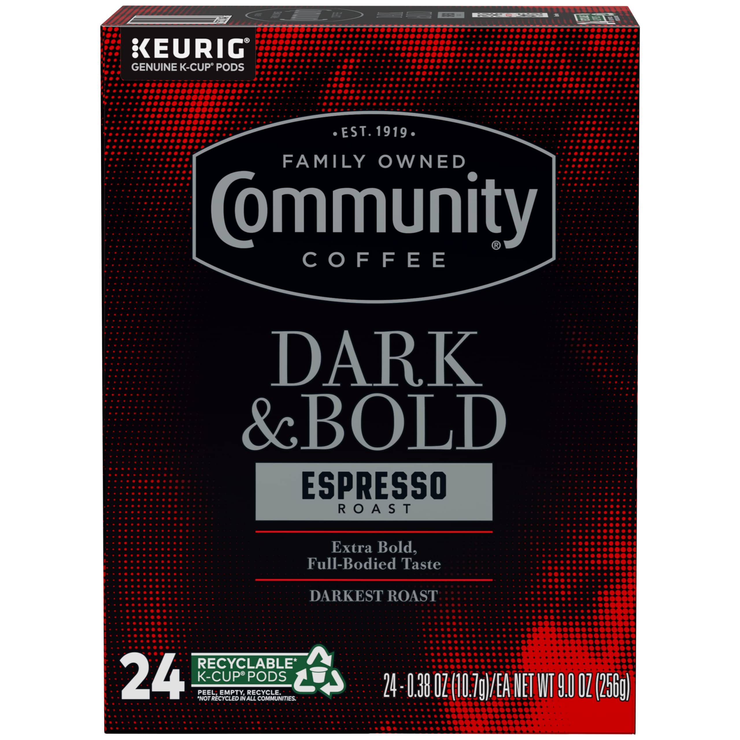 Community Coffee espresso roast brew in a mug, full-bodied flavor with a rich aroma.