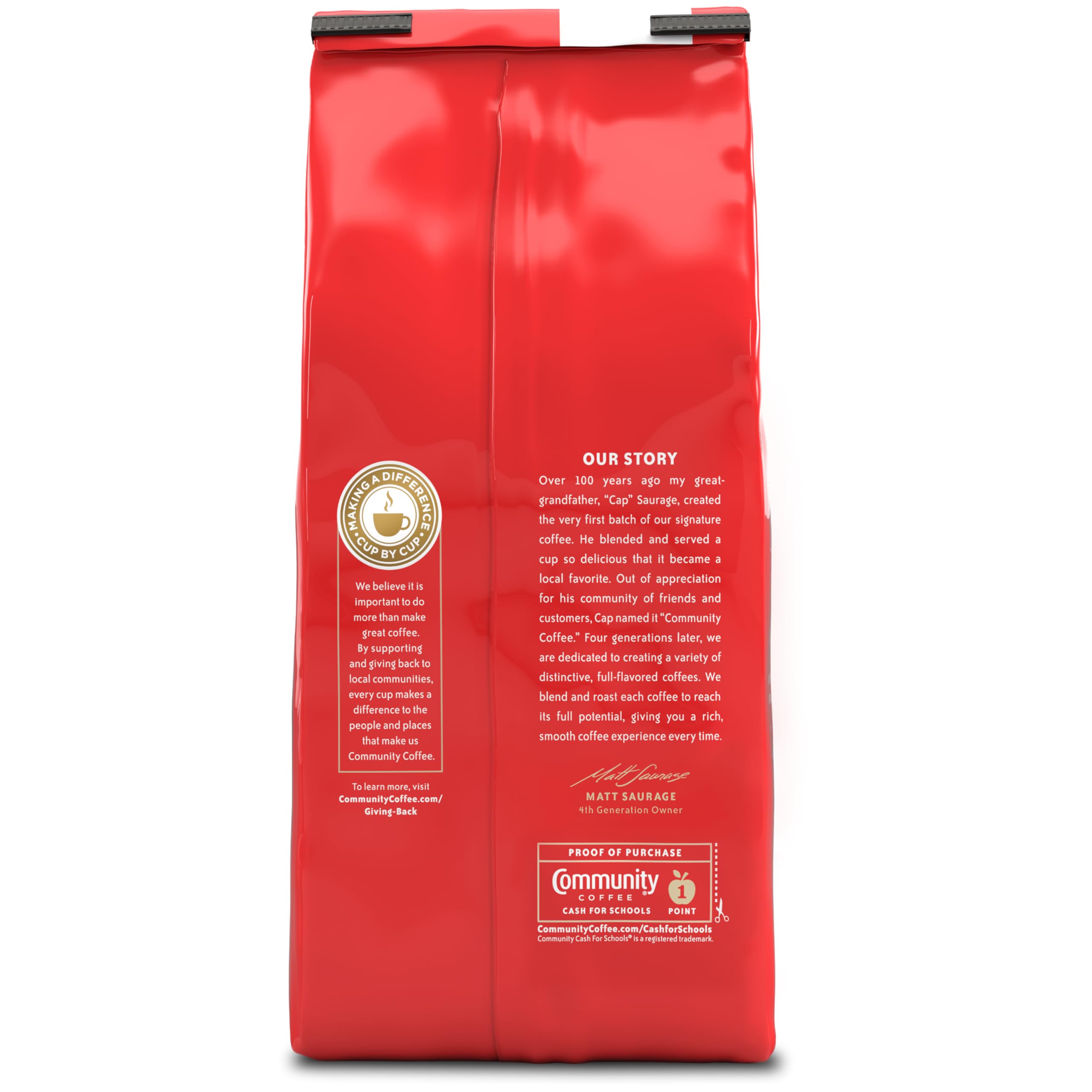 Community Coffee extra dark roast brew being poured for a bold finish.
