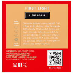 Community Coffee First Light cup reveals honey notes and balanced flavor for a smooth sip.