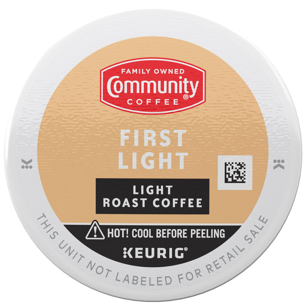 Community Coffee First Light packaging emphasizes convenient single-serve pods for busy days.