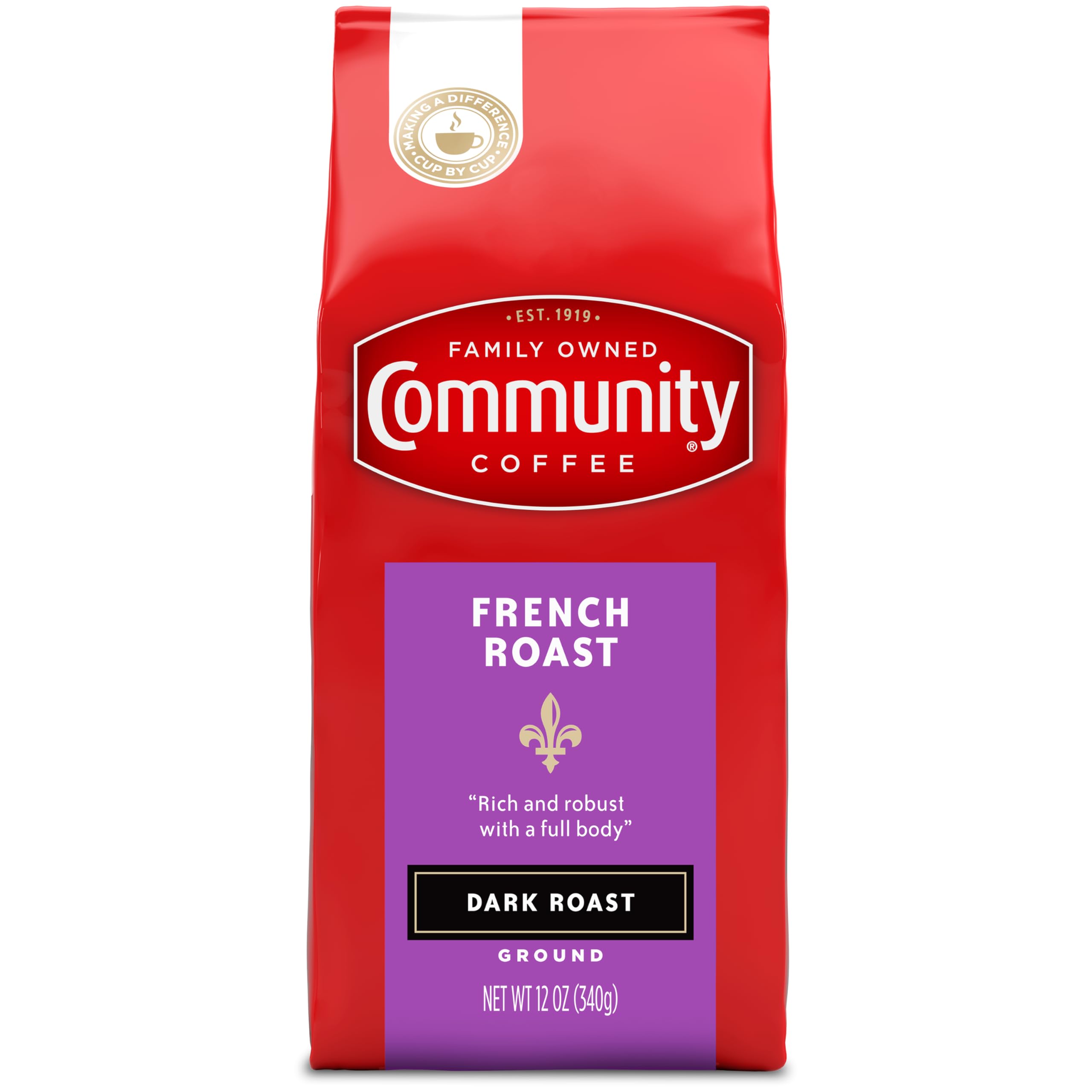 Community Coffee French Roast ground coffee bag ready for drip brewing and bold aroma.