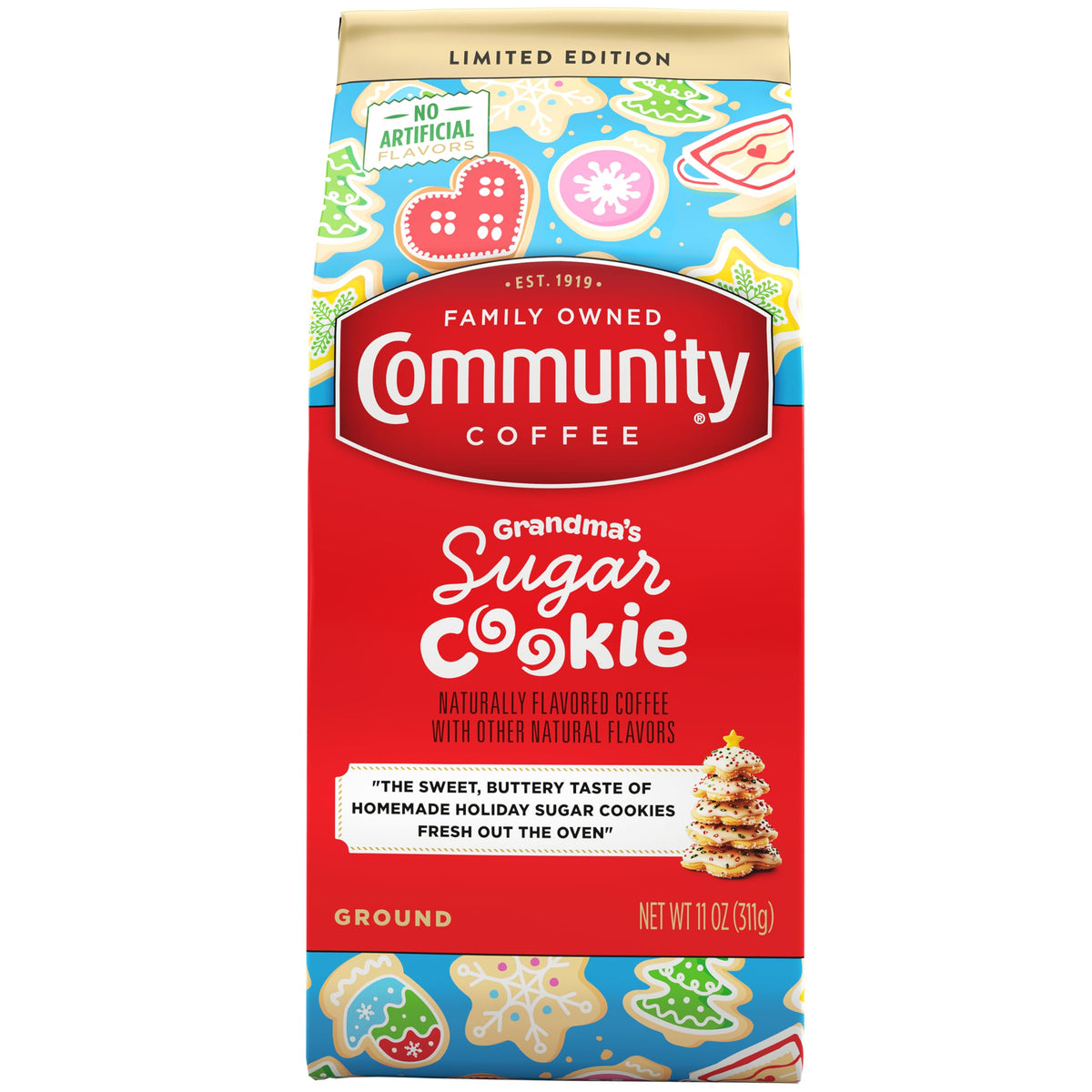 Community Coffee Grandma's Sugar Cookie ground coffee pack highlighting festive flavor