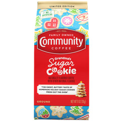 Community Coffee Grandma's Sugar Cookie ground coffee pack highlighting festive flavor