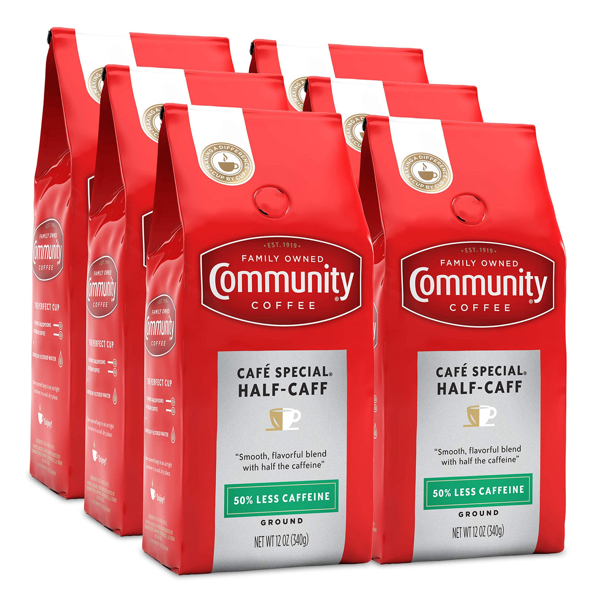 Community Coffee Half-Caff 12oz bag in six-pack, convenient for busy mornings.