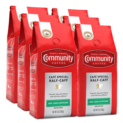Community Coffee Half-Caff 12oz bag in six-pack, convenient for busy mornings.