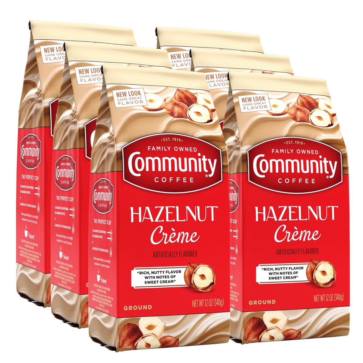 Community Coffee Hazelnut Creme 6-pack, 12oz bags for convenient everyday brewing.