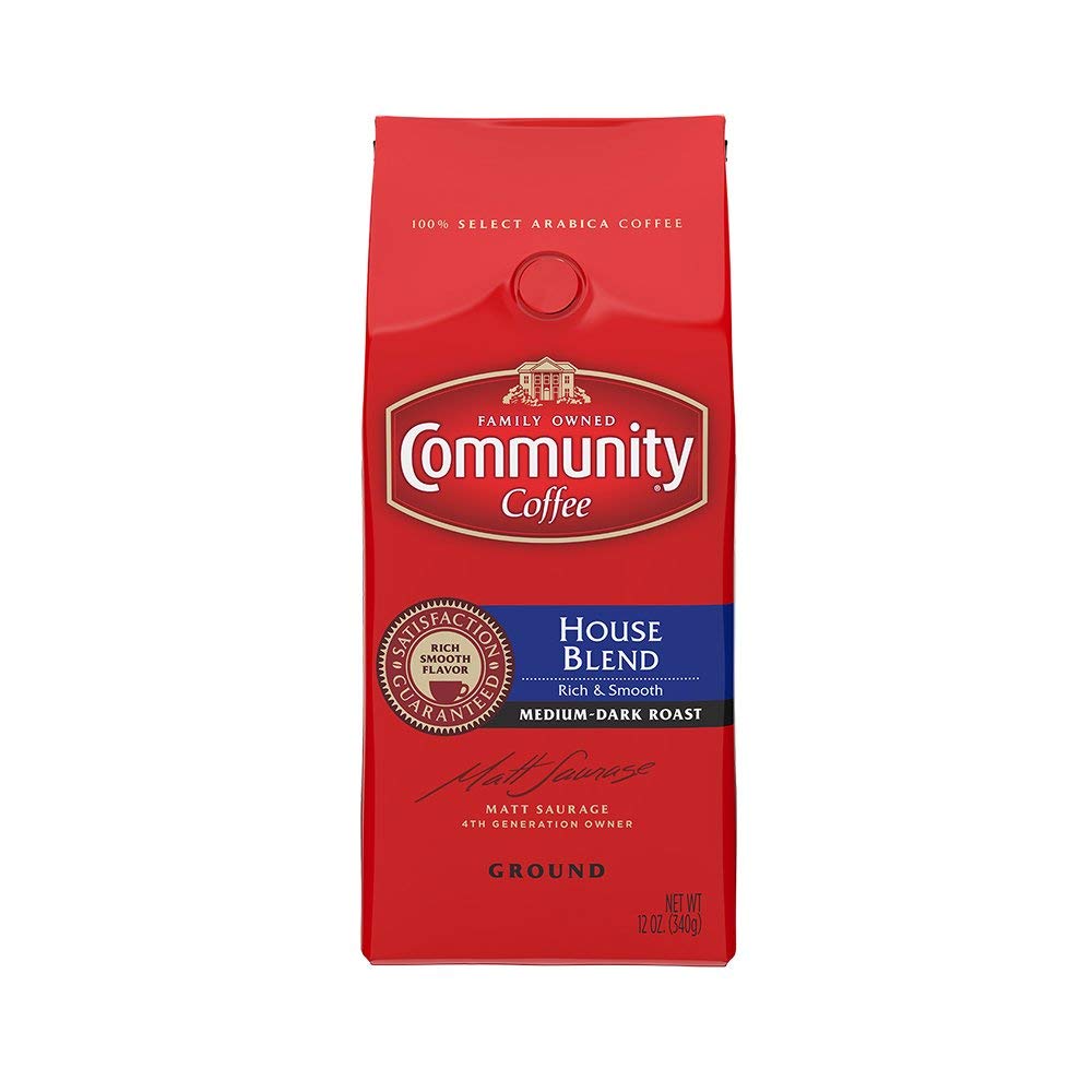 Community Coffee House Blend ground coffee in a 12oz bag, ideal for drip or pour-over.