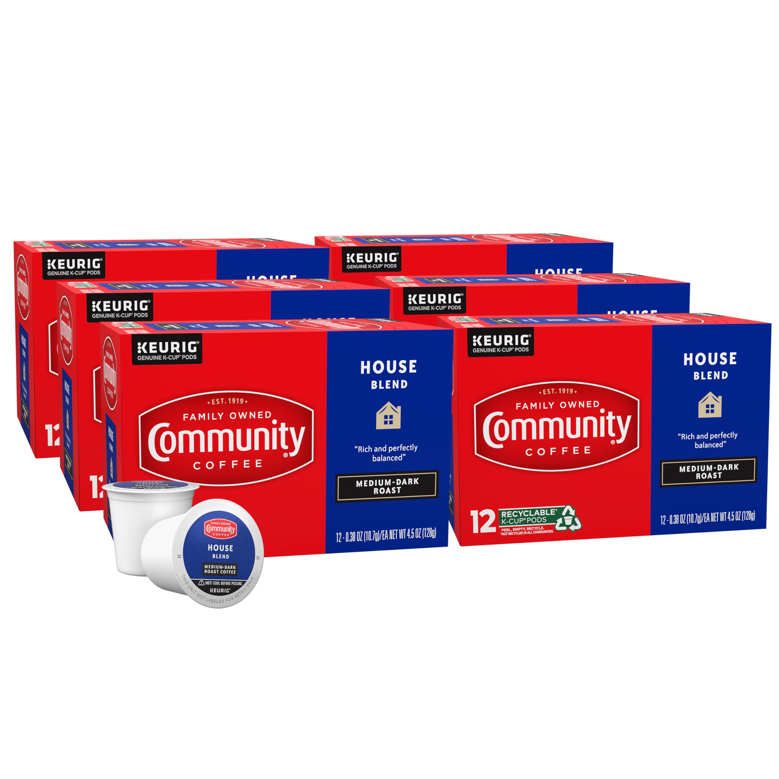Community Coffee House Blend pods pour into a cup for quick, convenient brewing