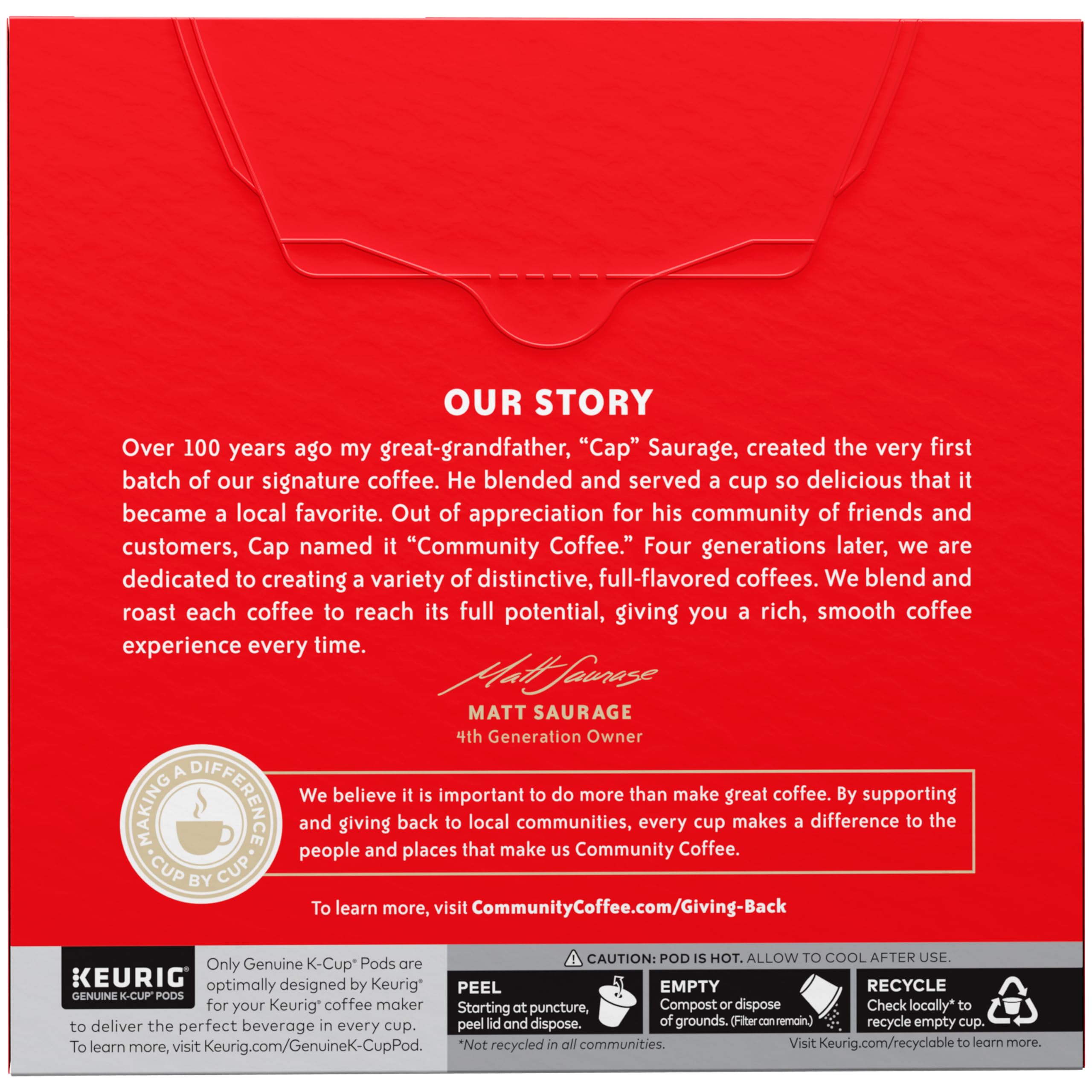 Community Coffee K-Cup pod compatible with Keurig brewers for quick pecan praline enjoyment.