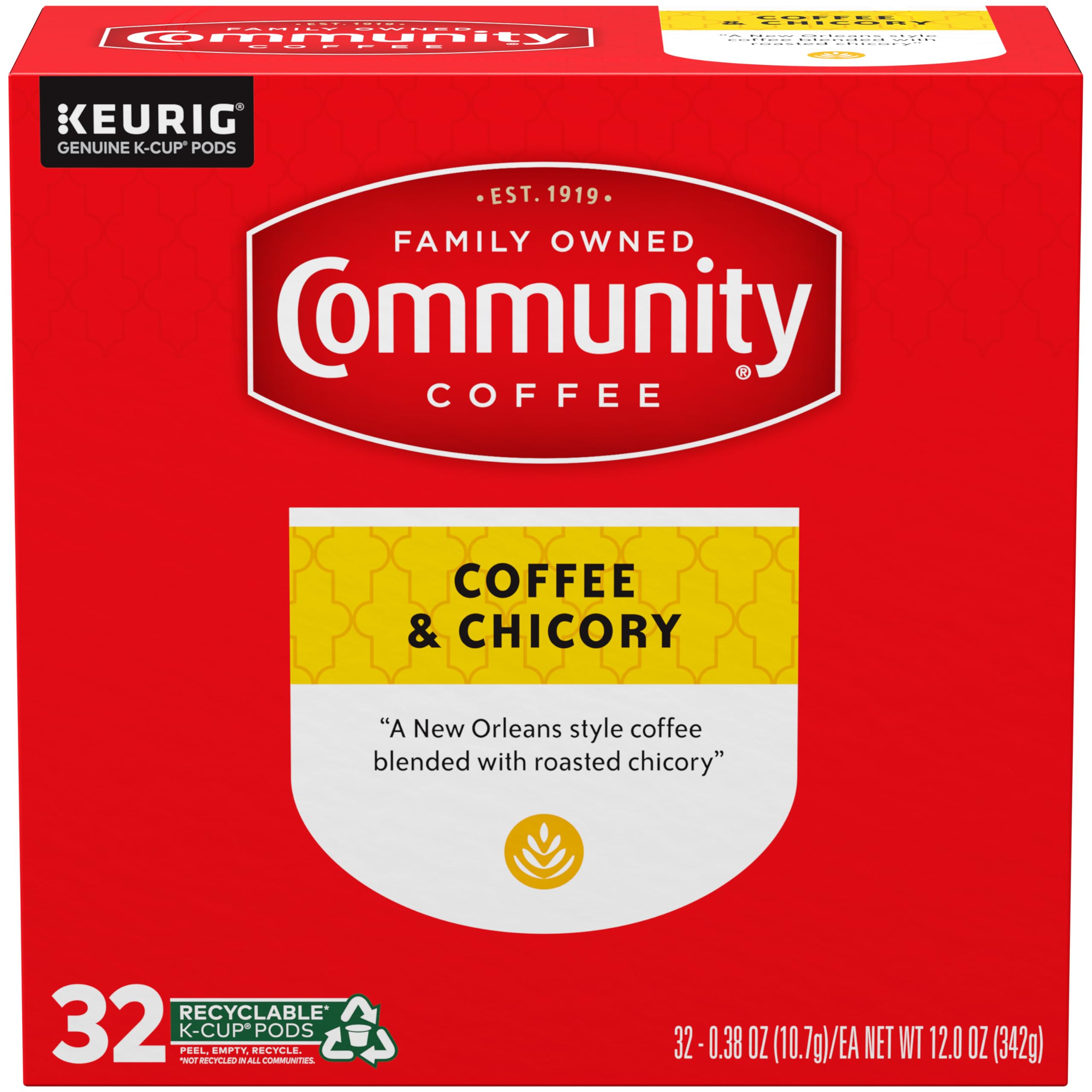 Community Coffee K-Cup pods in box front for quick, consistent brews.