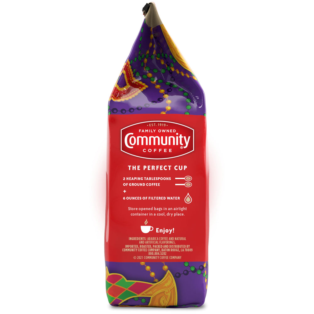 Community Coffee Mardi Gras King Cake beans close-up, showcasing quality.