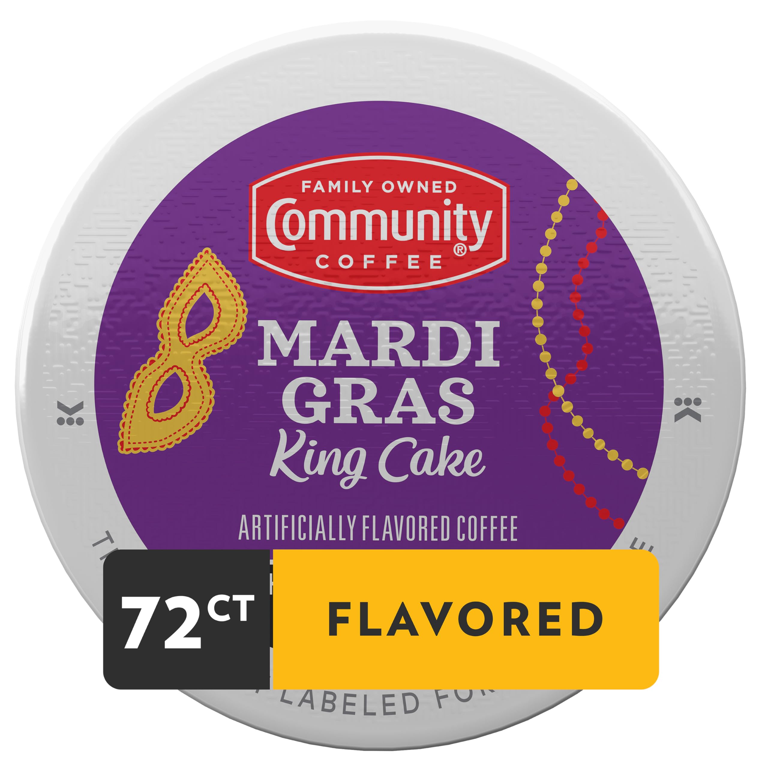 Boxed Community Coffee Mardi Gras King Cake pods for easy storage and gifting.