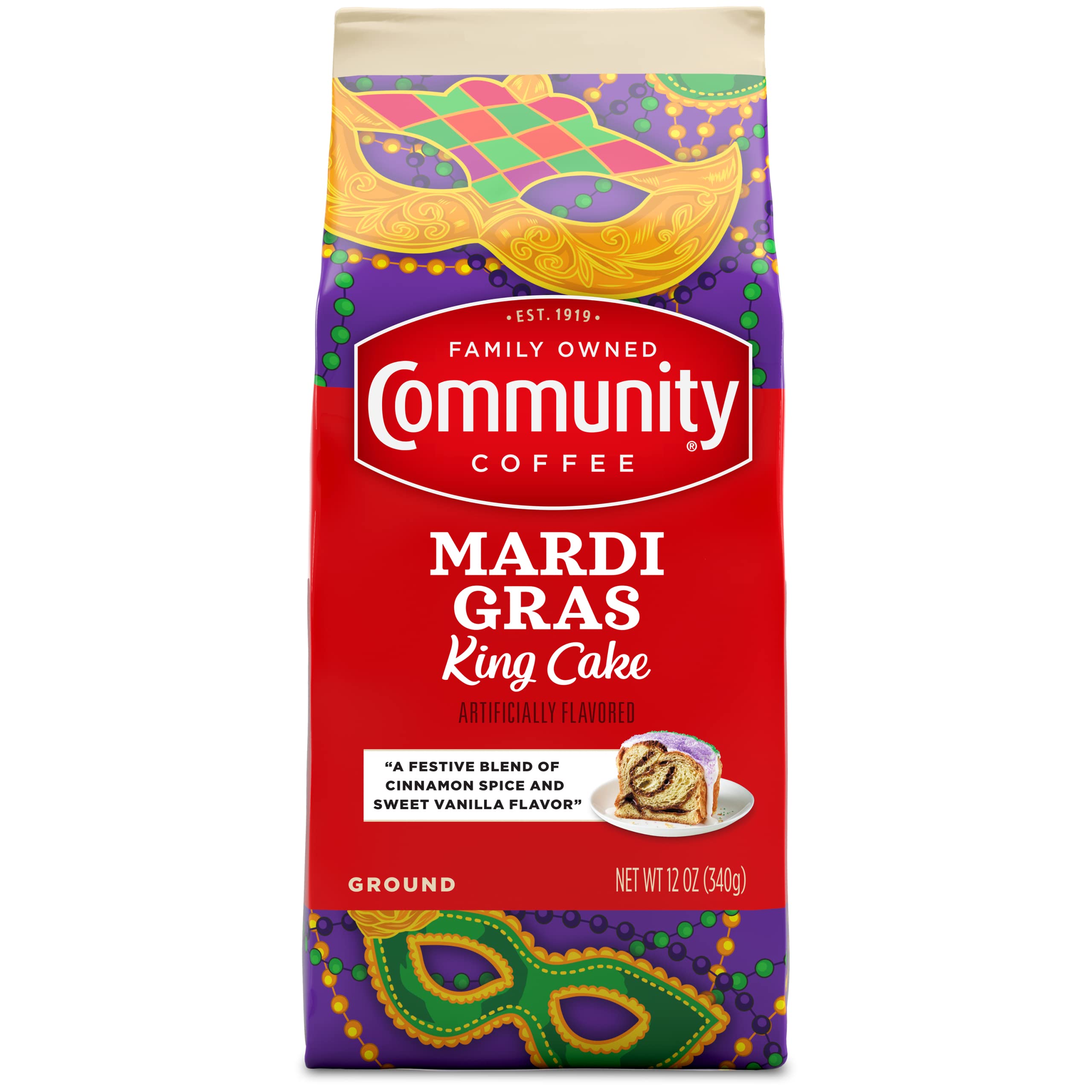 Community Coffee Mardi Gras King Cake ground coffee 12oz bag ready for flavorful mornings.