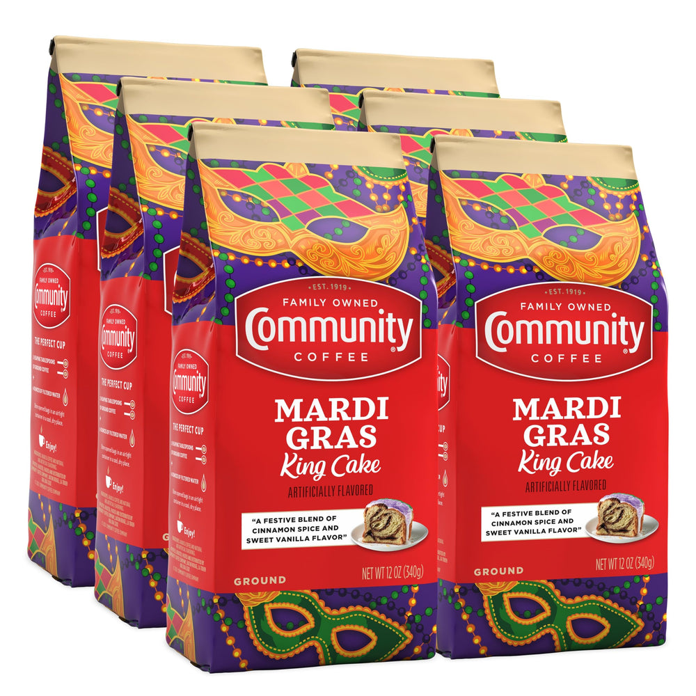 Community Coffee Mardi Gras King Cake ground coffee pack front, ready for brewing.