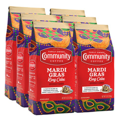 Community Coffee Mardi Gras King Cake ground coffee pack front, ready for brewing.