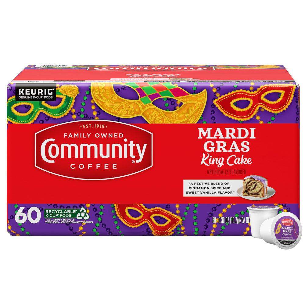 Community Coffee Mardi Gras King Cake K-Cup pod ready for Keurig brewing a festive morning