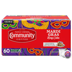 Community Coffee Mardi Gras King Cake K-Cup pod ready for Keurig brewing a festive morning