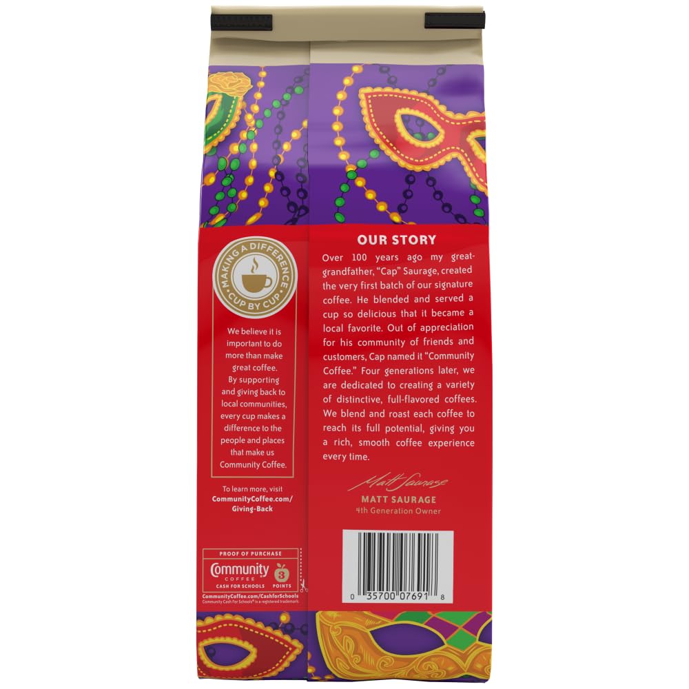 Front view of Community Coffee Mardi Gras King Cake packaging