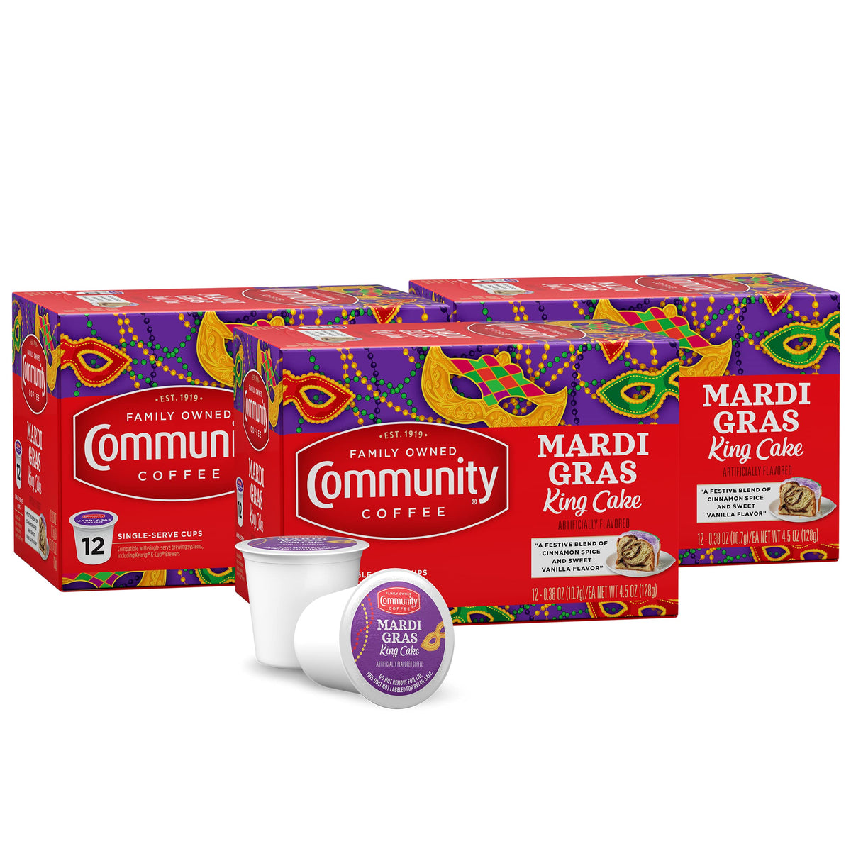 Community Coffee Mardi Gras King Cake pod box shows convenient 3-pack for home use