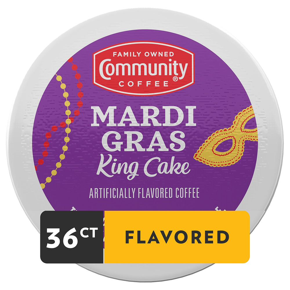 Mardi Gras King Cake pod beside a mug for quick Keurig brewing
