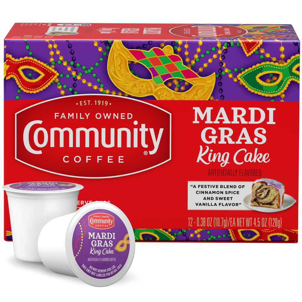 Community Coffee Mardi Gras King Cake pods ready for quick Keurig brewing.