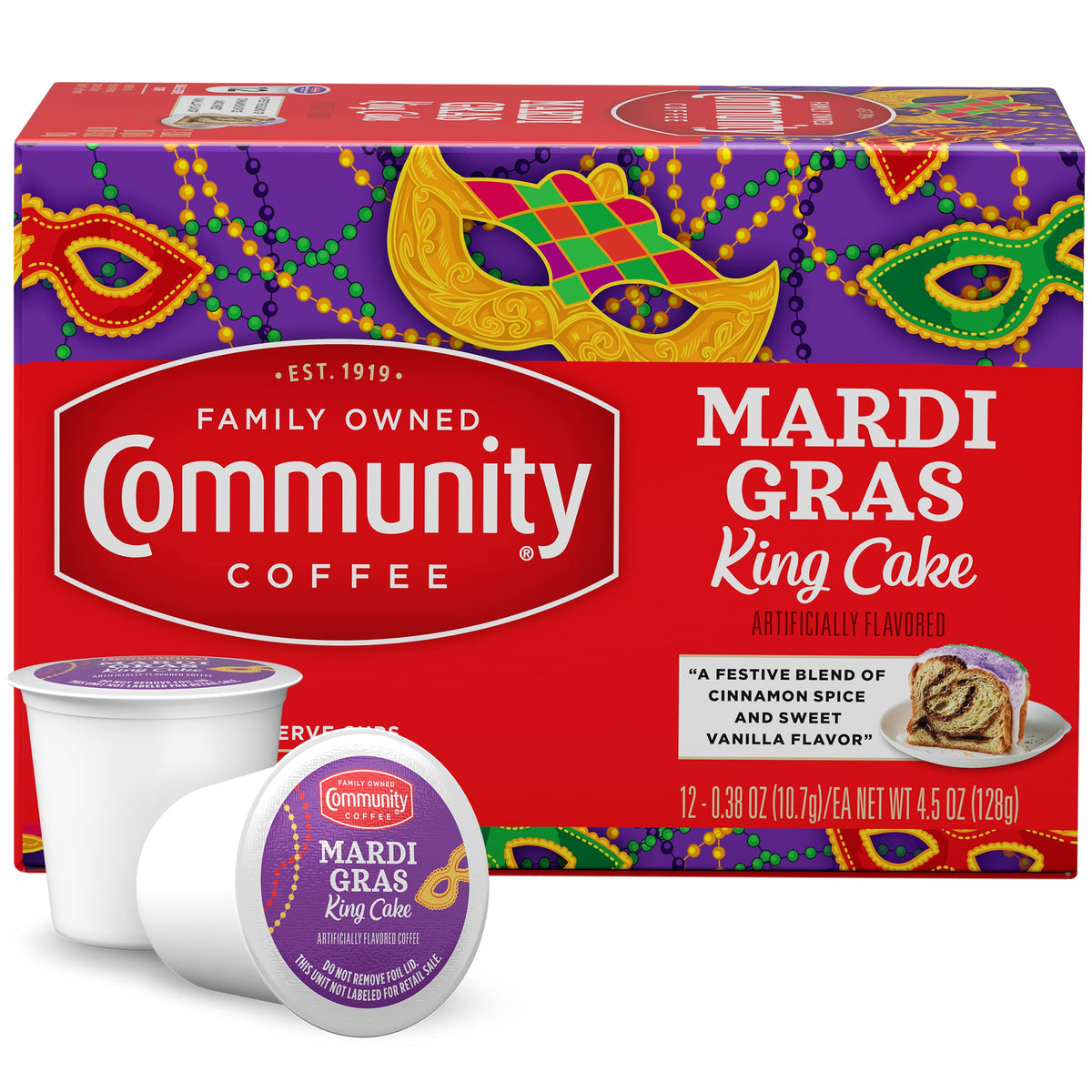 Community Coffee Mardi Gras King Cake pods ready for quick Keurig brewing.