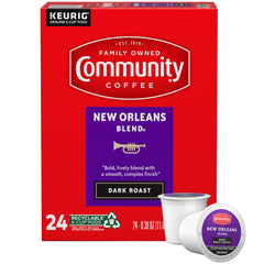 Community Coffee New Orleans Blend 24-count pods ready for Keurig, for quick, convenient mornings.