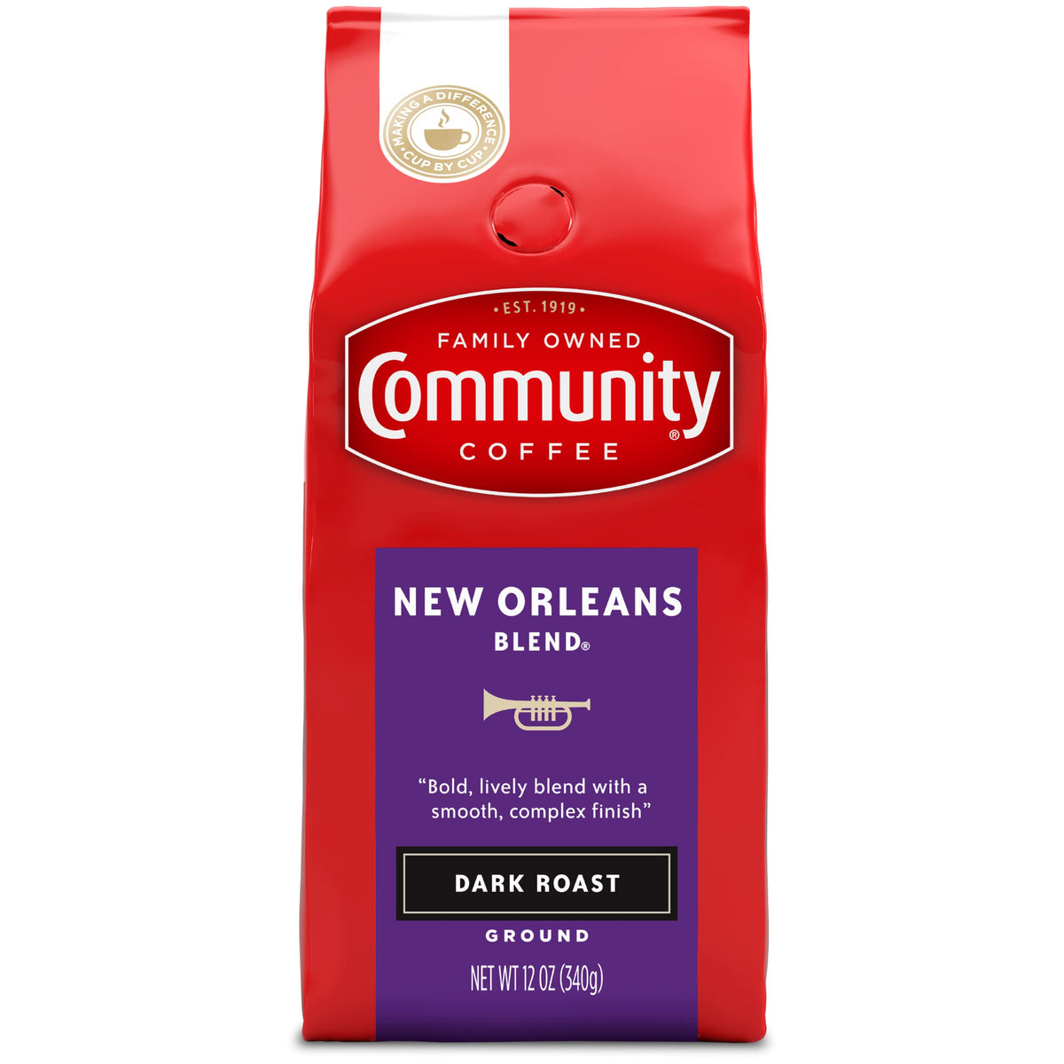 Community Coffee New Orleans Blend bag shows bold aroma for a rich morning