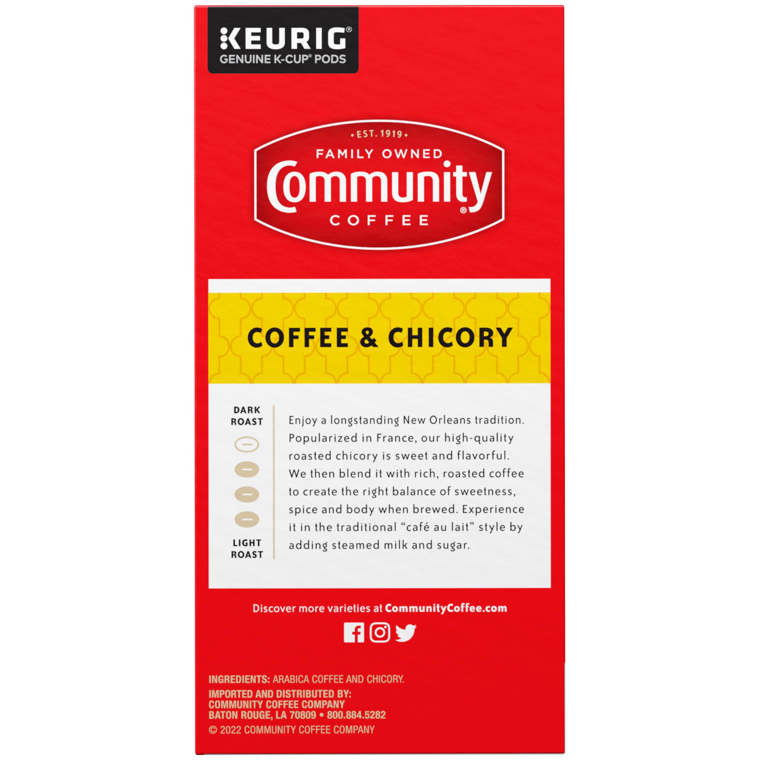 Community Coffee packaging front emphasizes 32-count box for household brewing.
