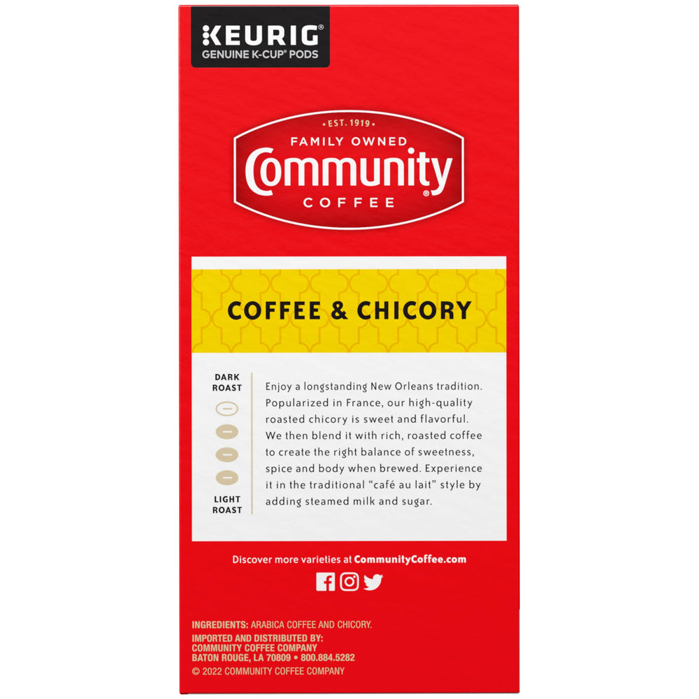 Community Coffee packaging front emphasizes 32-count box for household brewing.