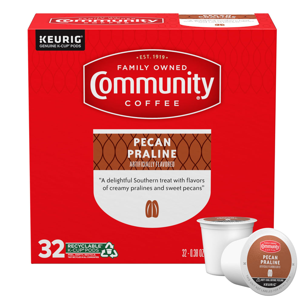 Community Coffee Pecan Praline coffee pod with smooth, nutty aroma for mornings.