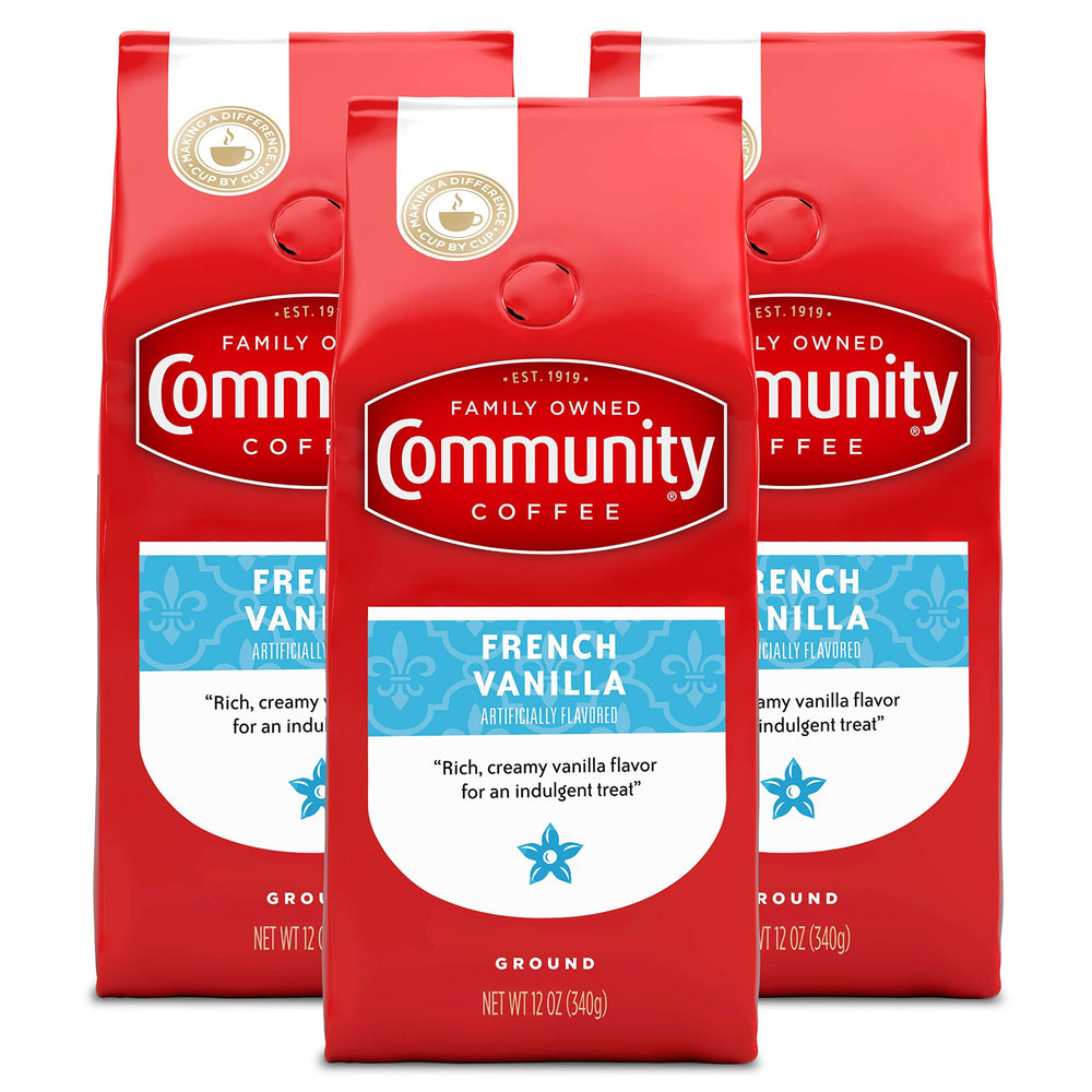 Community Coffee premium French Vanilla ground coffee pack front view for drip brewing
