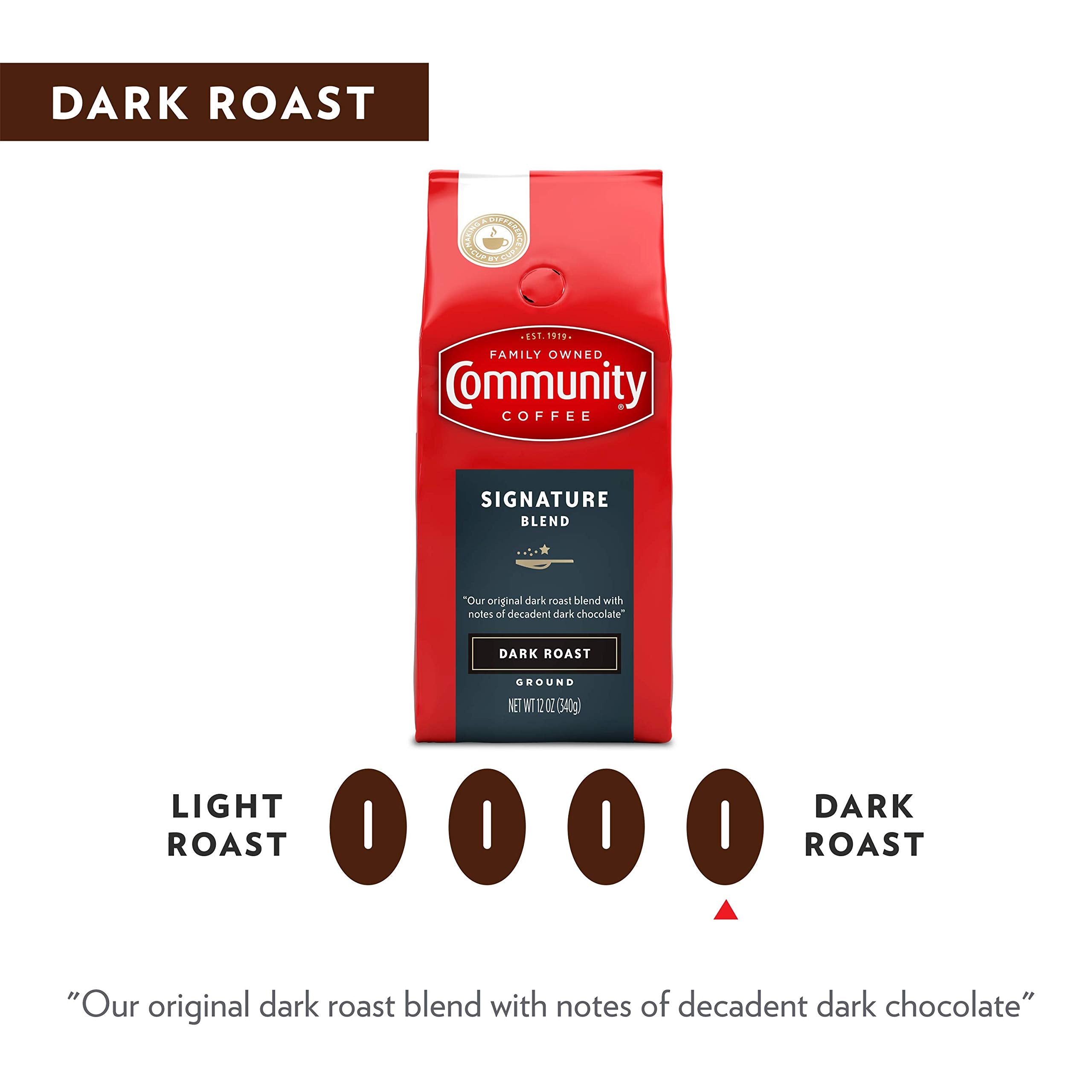 A brewed cup of Community Coffee Signature Blend Dark Roast with rich color.