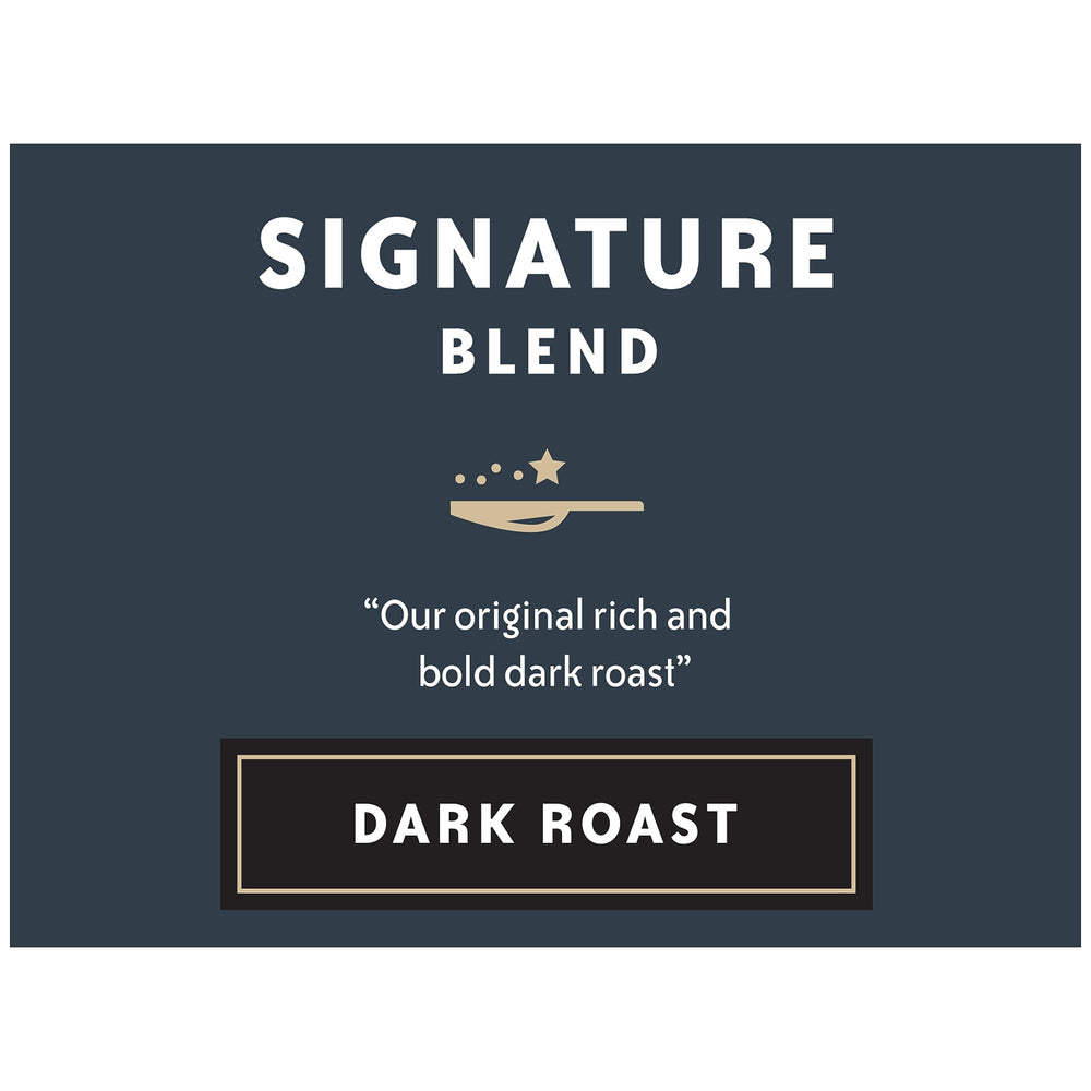 Brewed Community Coffee Signature Blend Dark Roast cup with deep chocolate finish