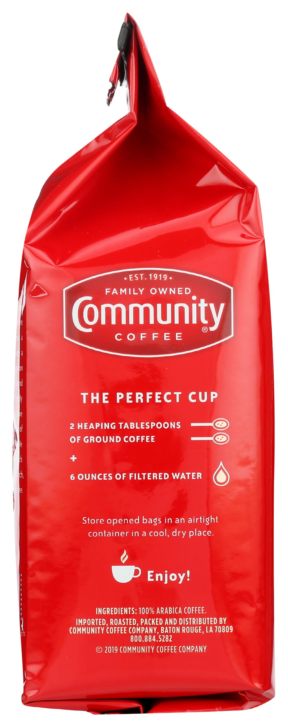 Brewed cup of Community Coffee Signature Blend Dark Roast with chocolate notes