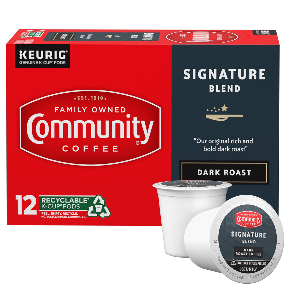 Community Coffee Signature Blend dark roast K-Cup pod for a bold, chocolatey cup.